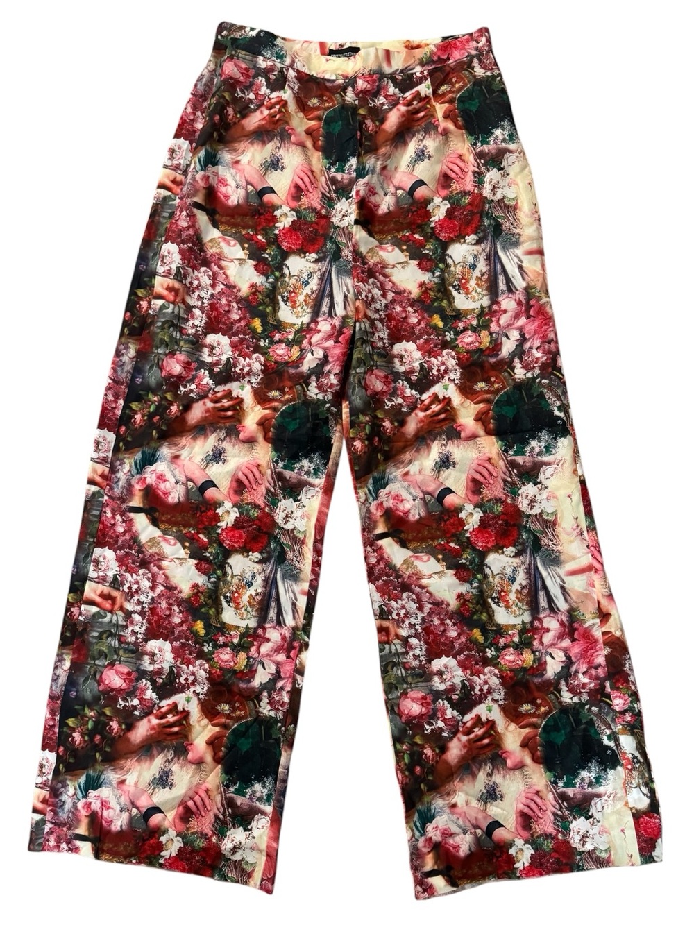 PrettyLittleThing Rose Femme Renaissance Print Wide Leg Satin Pants Trousers